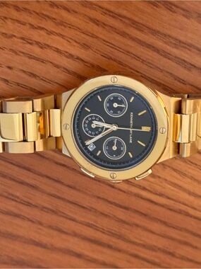 Kenneth Jay Lane Gold Tone Watch with Black Dial and Subdials